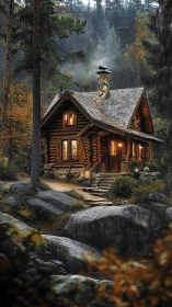 Wilderness Sanctuary: Glowing Log Cabin in Ancient Forest Haze