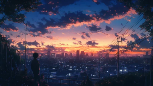 Urban skyline with silhouetted figure during sunset period.