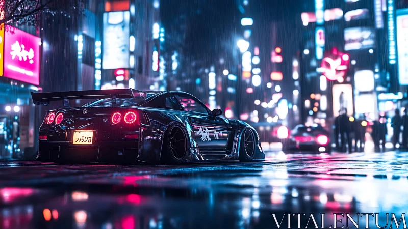 Neon-soaked drift car under rain in cyber Tokyo streets.