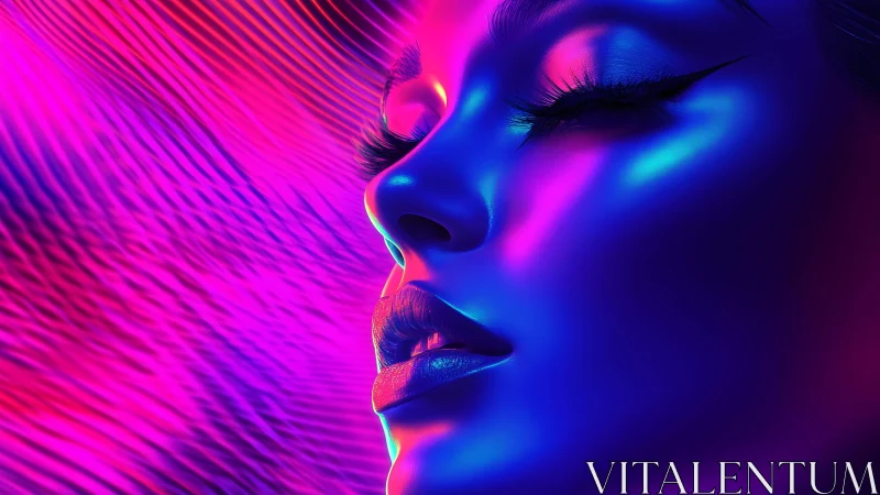 Futuristic Woman’s Face in Neon Lights, Digital Art Portrait.