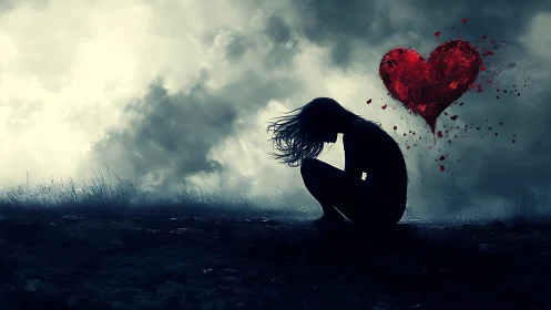 Silhouetted girl beside bleeding heart under storm sky.