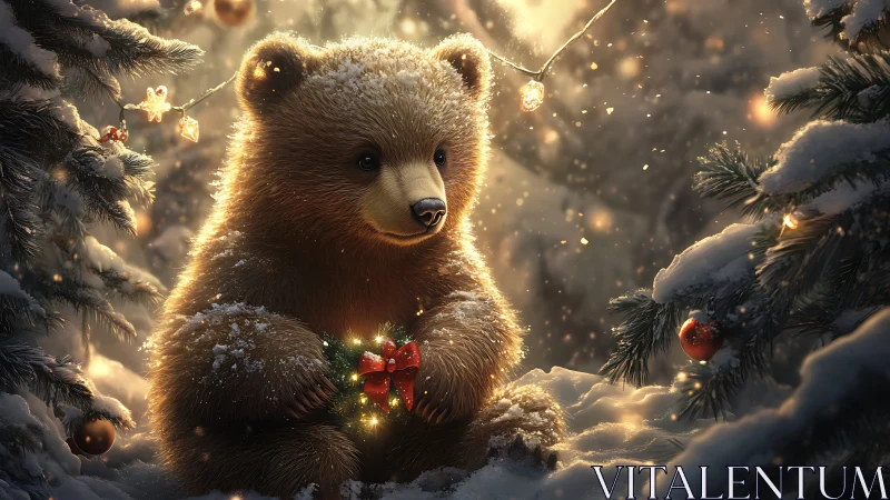 Bear cub with winter holiday lights in snowy forest scene.