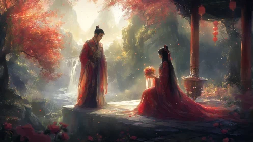 Romantic couple in red beneath glowing autumn blossoms.