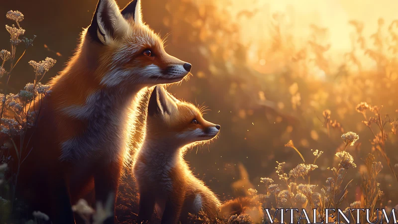 Sunlit fox family pausing together in a golden meadow.