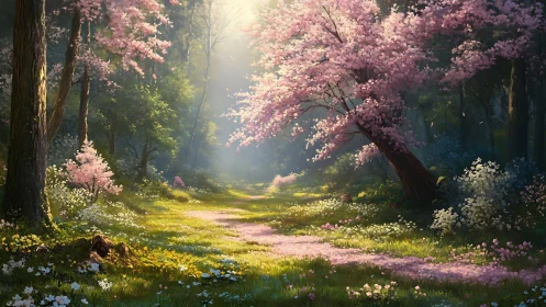 Enchanted Forest Path Blooming with Cherry Blossoms