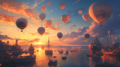 Sunset harbor lifts into the sky on wandering balloons.