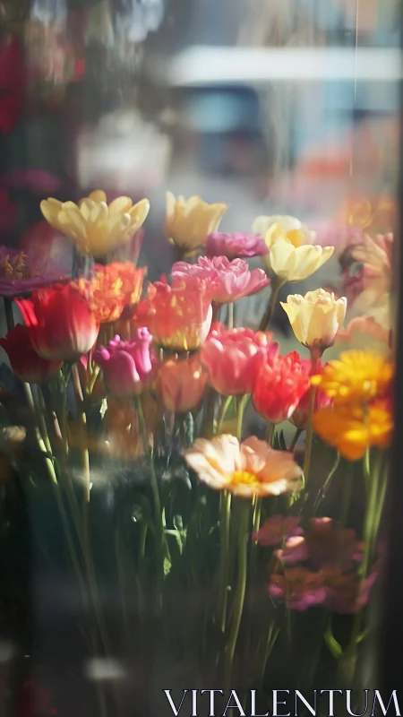 Vibrant Tulips Captured Through Glass with Soft-Focus Background