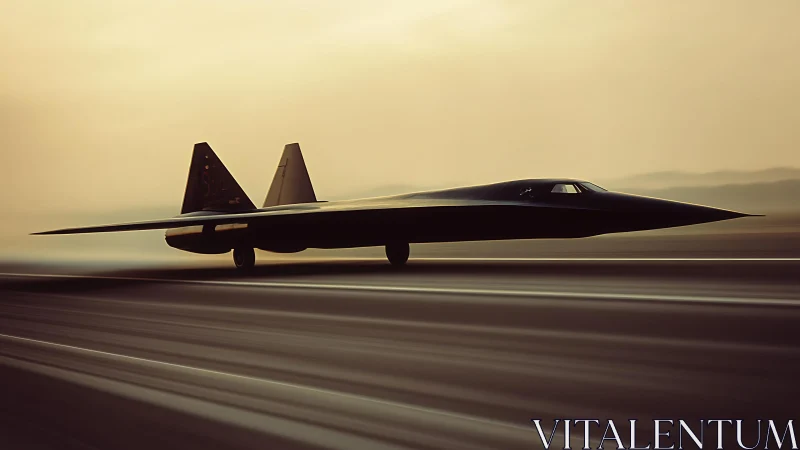 Stealth aircraft silhouette accelerates along runway at dusk