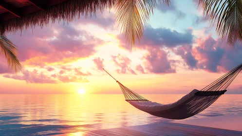 Hammock above calm tropical sea at vivid sunset scene.