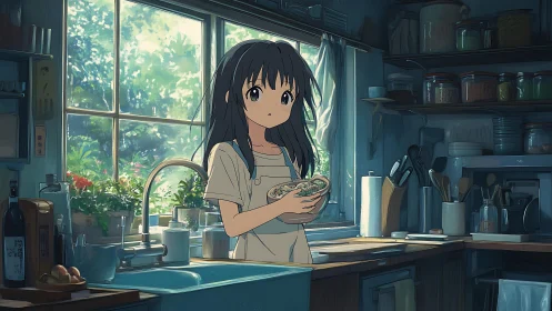 Quiet kitchen sunlight with a shy girl stirring lunch.