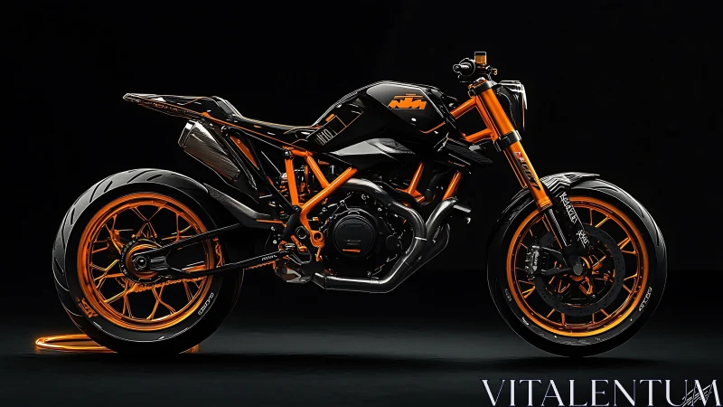 Orange-black custom street motorcycle under studio lighting.