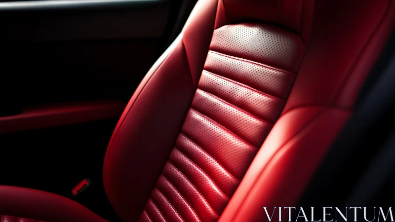 Red perforated leather car seat in close interior view.