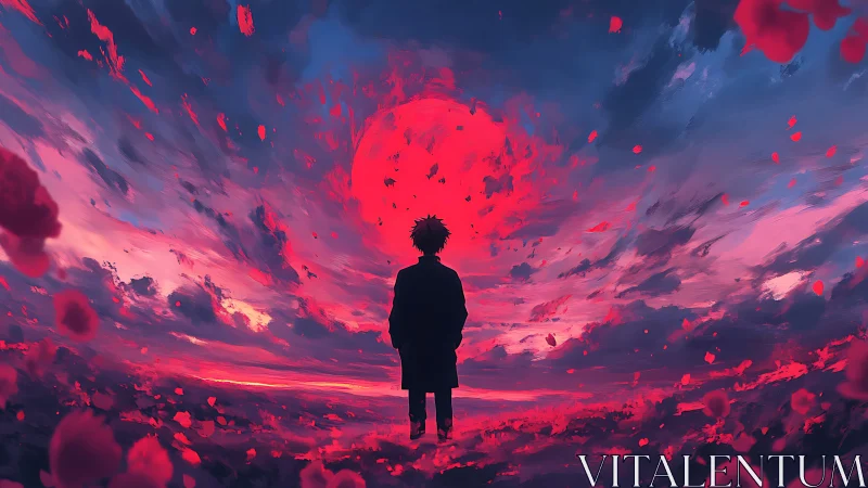 Silhouette under a red storm sky at dramatic sunset.