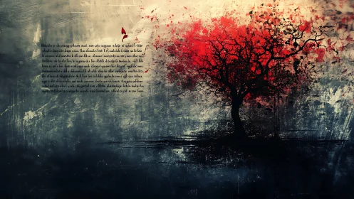 Red crowned tree silhouette contrasts against grunge sky