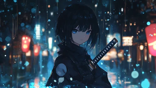 Young swordswoman in rainy neon city street at night.