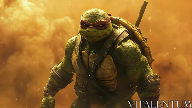 Armored humanoid turtle warrior in red mask in smoke.