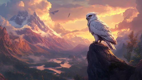 Majestic White Owl on Mountain Cliff at Sunset, Fantasy Art Style.