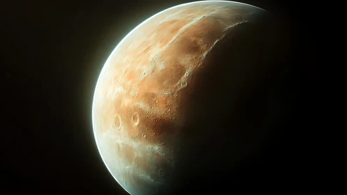 Rugged orange planet drifts in the deep shadow of space.