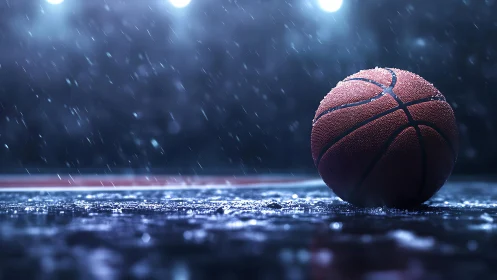 Wet basketball on floodlit outdoor court in heavy rainfall