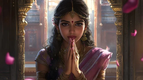 Digital painting portrays regal woman in temple light