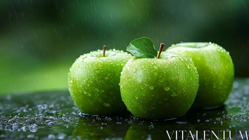 Fresh green apples glisten under gentle rainfall outdoors.