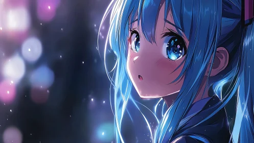 Anime close-up portrait with luminous bokeh night backdrop.
