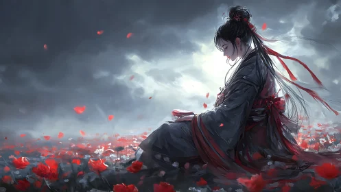Woman in traditional robe seated in red flower field at dusk.