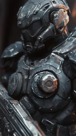 Armored sci fi infantry in scarred graphite exosuit portrait.