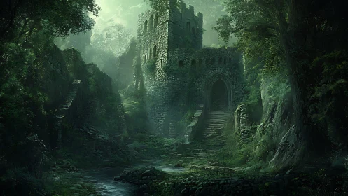 Overgrown forest fortress rising through misted green light.