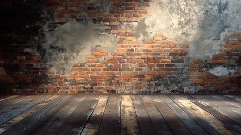 Weathered brick wall and worn timber floor are illuminated