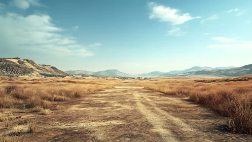 Arid steppe plain with dirt track receding toward distant hills