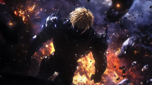 Armored cybernetic warrior in explosive orbital descent.