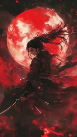 Samurai warrior stands before red moon in intense motion