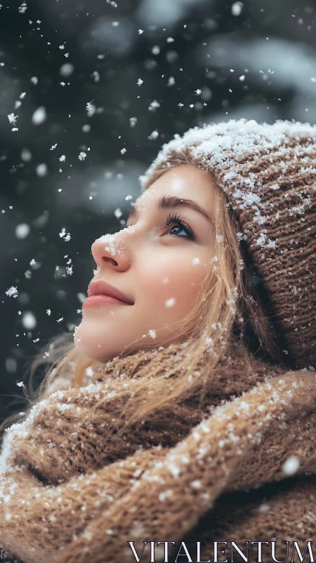 Woman in winter clothing looks upward through falling snow