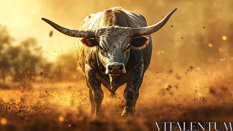 Long-horned bull moving through dust in warm backlight.