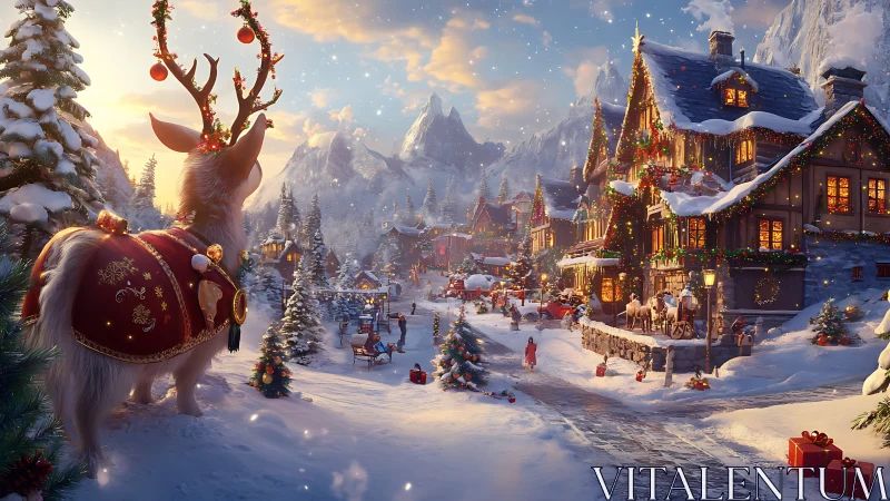 Decorated reindeer overlooks illuminated snowy village scene