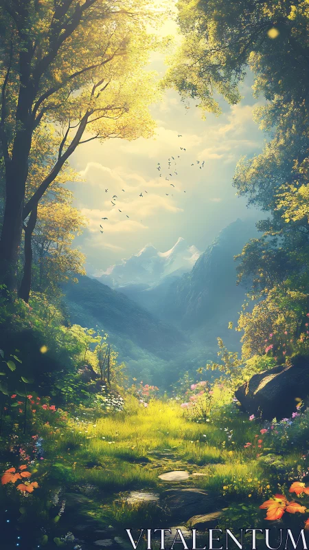 Sunlit forest glade reveals distant alpine peaks in depth