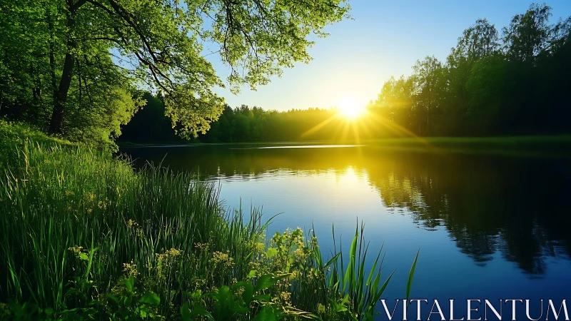 Sunrise kisses a quiet forest lake with emerald reflections.