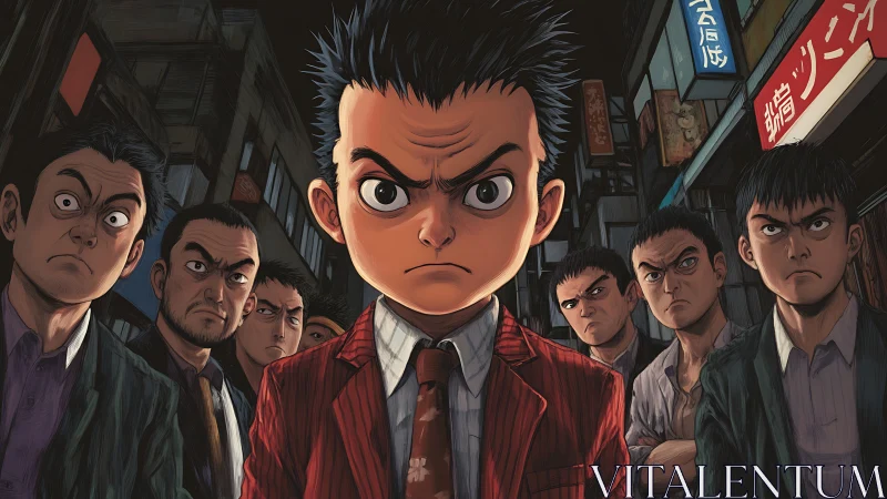 Defiant street boss kid leads grim crew through neon alleys.