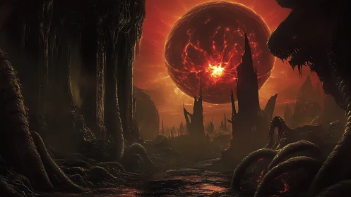 Volcanic alien landscape frames collapsing star with organic spires