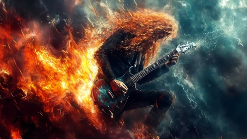 Guitarist with long hair in contrasting fire and smoke field.