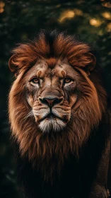 Male lion frontal portrait with full mane in soft bokeh light.