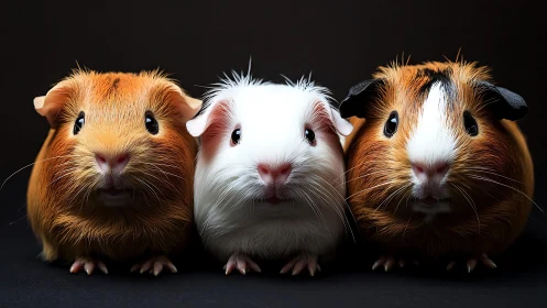 Three guinea pigs sit aligned under controlled dark lighting