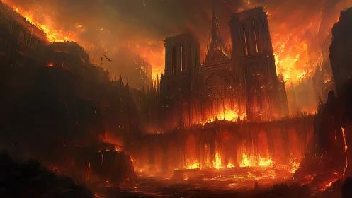 Majestic Gothic Cathedral Engulfed in Apocalyptic Flames