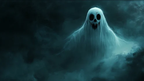 Spectral entity with skull-like mask emerging from turbulent mist