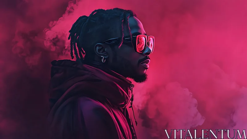 Profile view shows subject in pink fog with reflective glasses