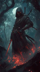 Hooded dark swordsman in ember-lit forest with glowing eyes