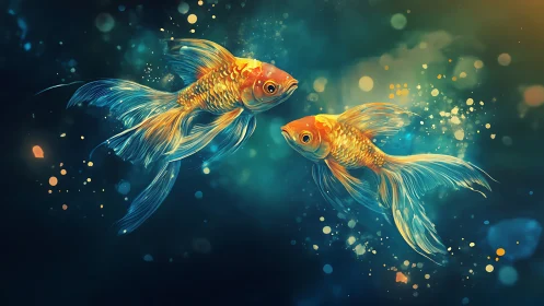 Glowing goldfish glide through a dreamy, sparkling ocean.
