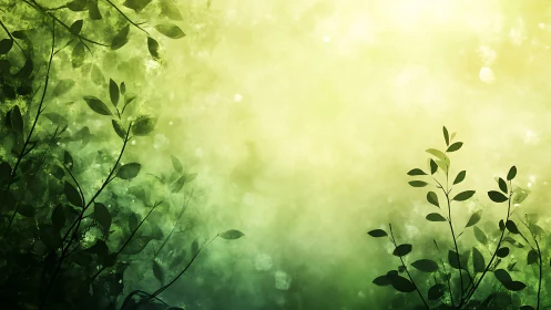 Green foliage silhouettes against soft yellow light field.