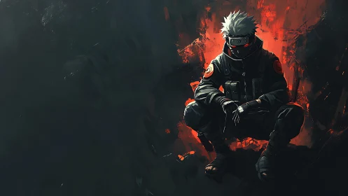 Masked tactical figure crouching before red-lit backdrop.